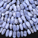 Hand Cut Natural Blue Lace Agate Freeform Oval Drop Beads Top Side Drilled Gemstone 15.5" Strand