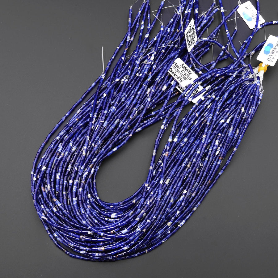 AAA Natural Blue Sodalite 4x2mm Small Thin Smooth Spacer Tube Gemstone Beads 15.5" Strand