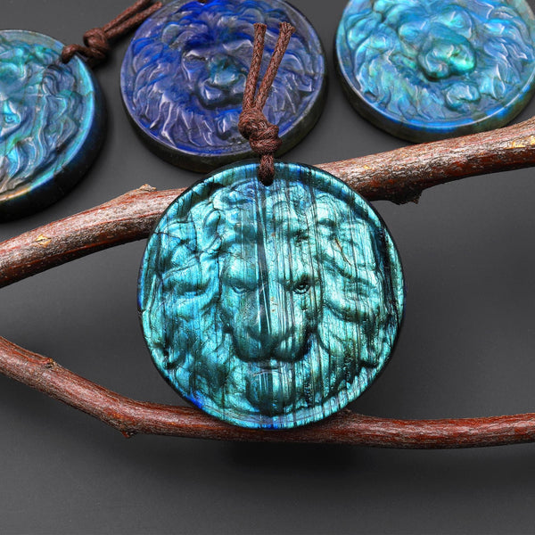 Hand Carved Natural Blue Golden Labradorite Lion Face Head Medallion Amulet Pendant Drilled Gemstone Focal Bead A3