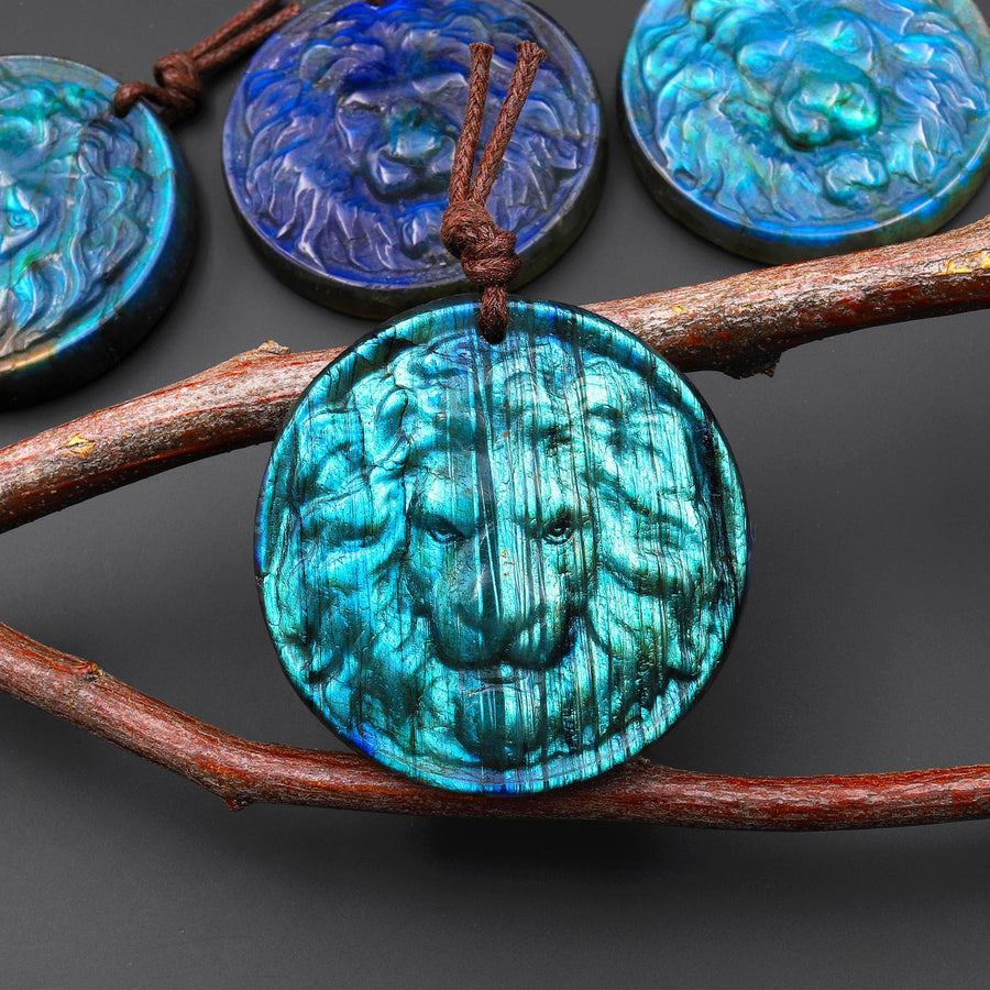 Hand Carved Natural Blue Golden Labradorite Lion Face Head Medallion Amulet Pendant 38mm 50mm Drilled Gemstone Focal Bead