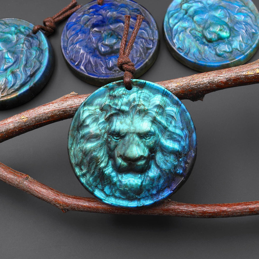 Hand Carved Natural Blue Golden Labradorite Lion Face Head Medallion Amulet Pendant 38mm 50mm Drilled Gemstone Focal Bead