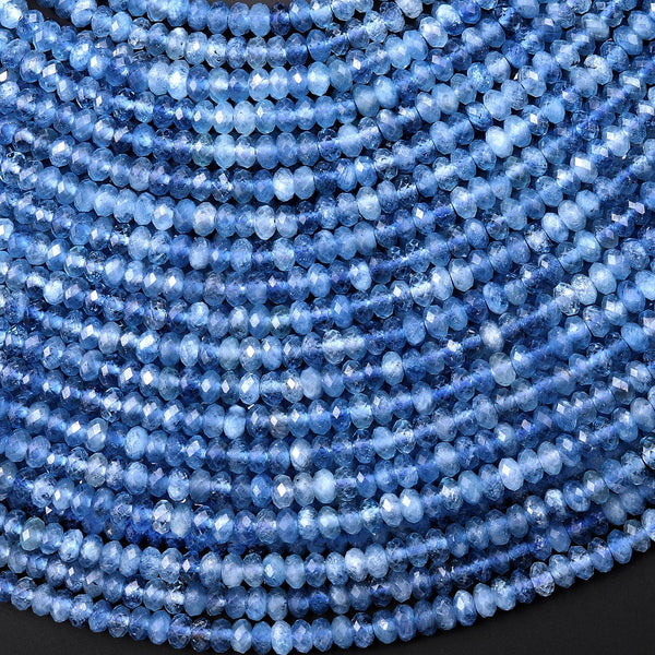 AAA Translucent Faceted Natural Stormy Blue Santa Maria Aquamarine Thin Rondelle Beads 4mm Gemstone 15.5" Strand