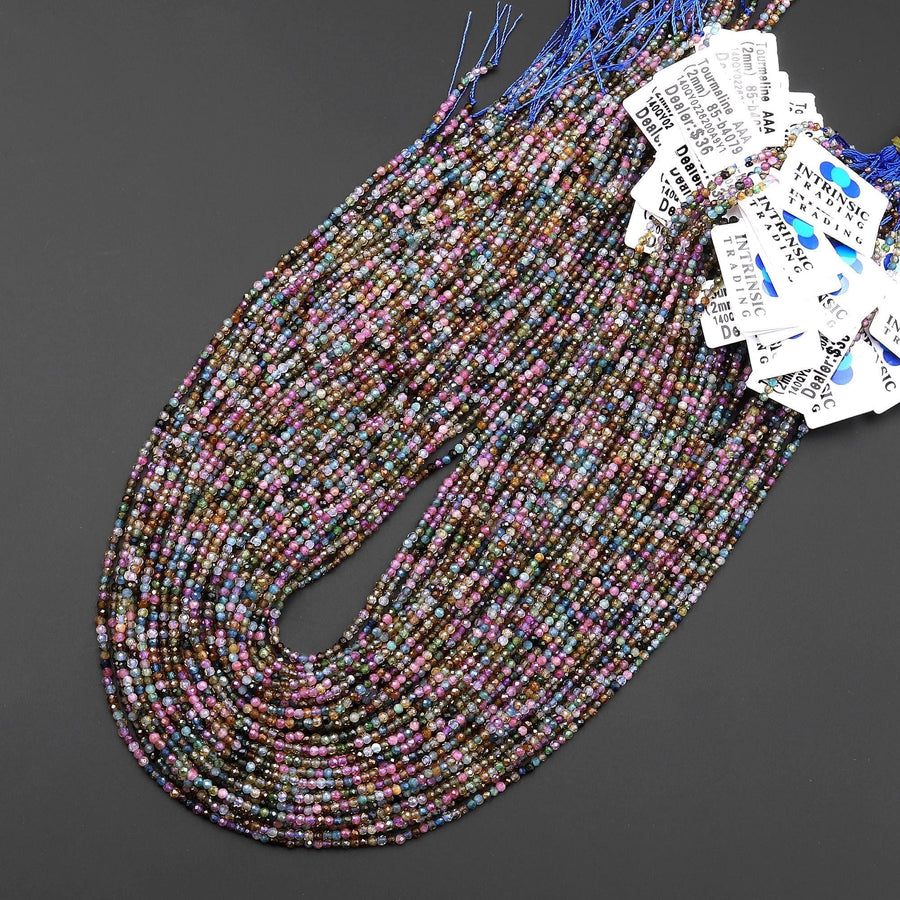 AAA Natural Pink Blue Tourmaline Micro Faceted 2mm Round Gemstone Beads 15.5" Strand