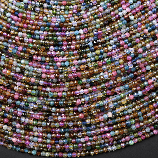 AAA Natural Pink Blue Tourmaline Micro Faceted 2mm Round Gemstone Beads 15.5" Strand