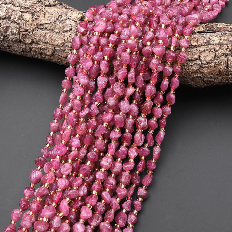 Natural Pink Tourmaline Freeform Pebble Nugget Beads Gemstone 15.5" Strand