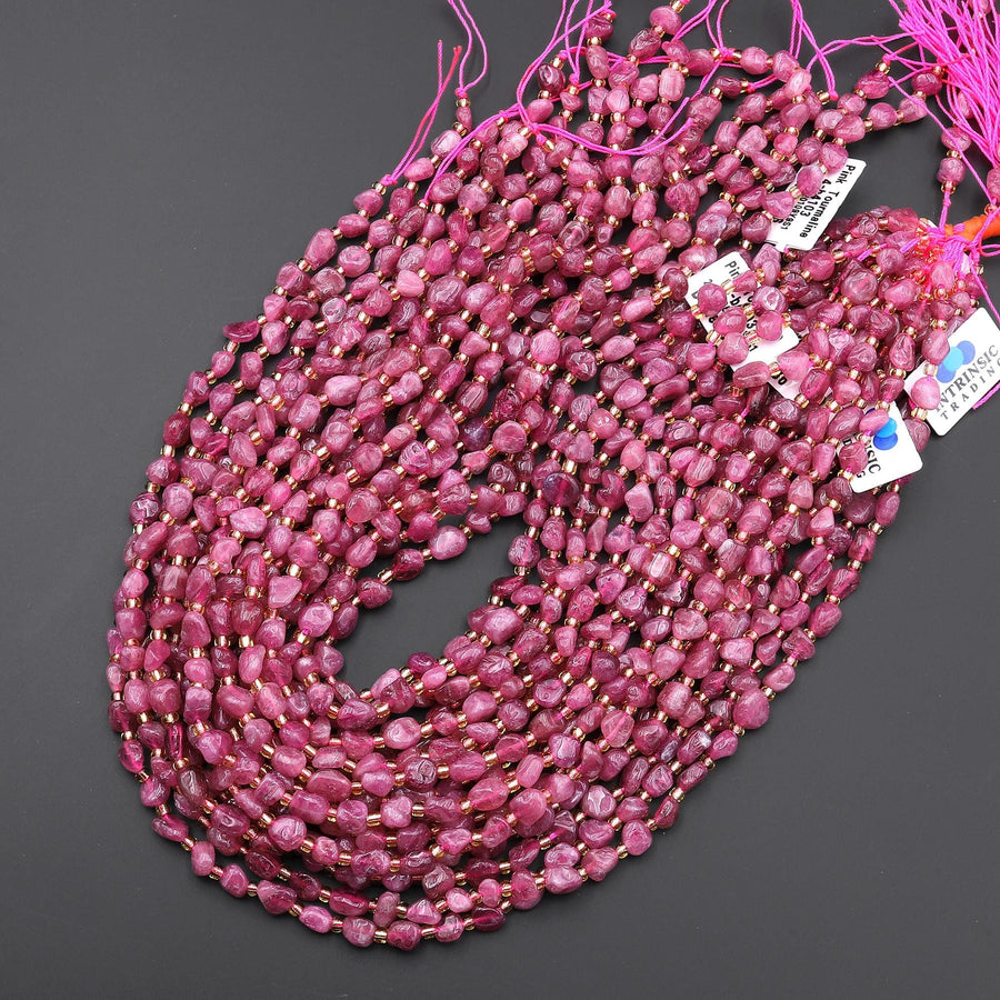 Natural Pink Tourmaline Freeform Pebble Nugget Beads Gemstone 15.5" Strand