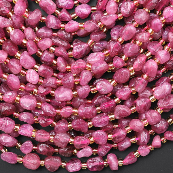 Natural Pink Tourmaline Freeform Pebble Nugget Beads Gemstone 15.5" Strand