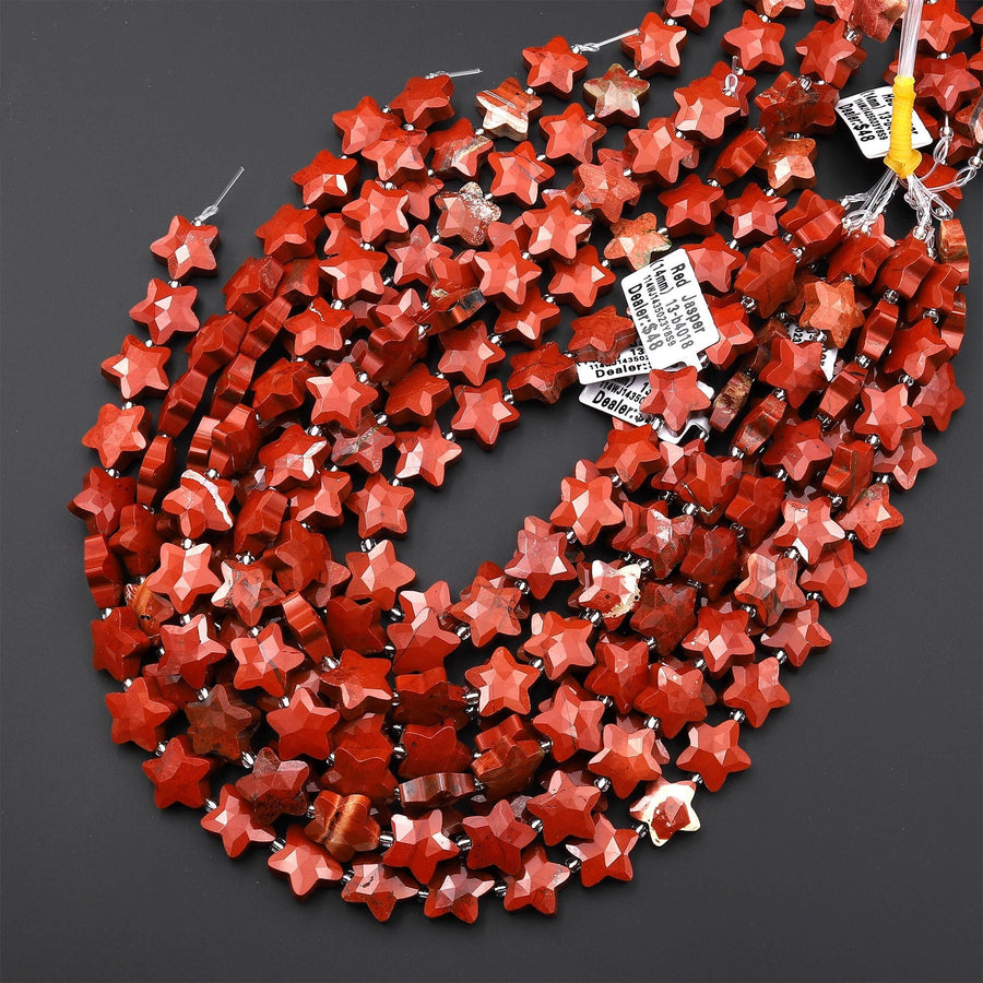 Sparkling Faceted Natural Red Jasper Beads 10mm 14mm Carved Star Gemstone 15" Strand