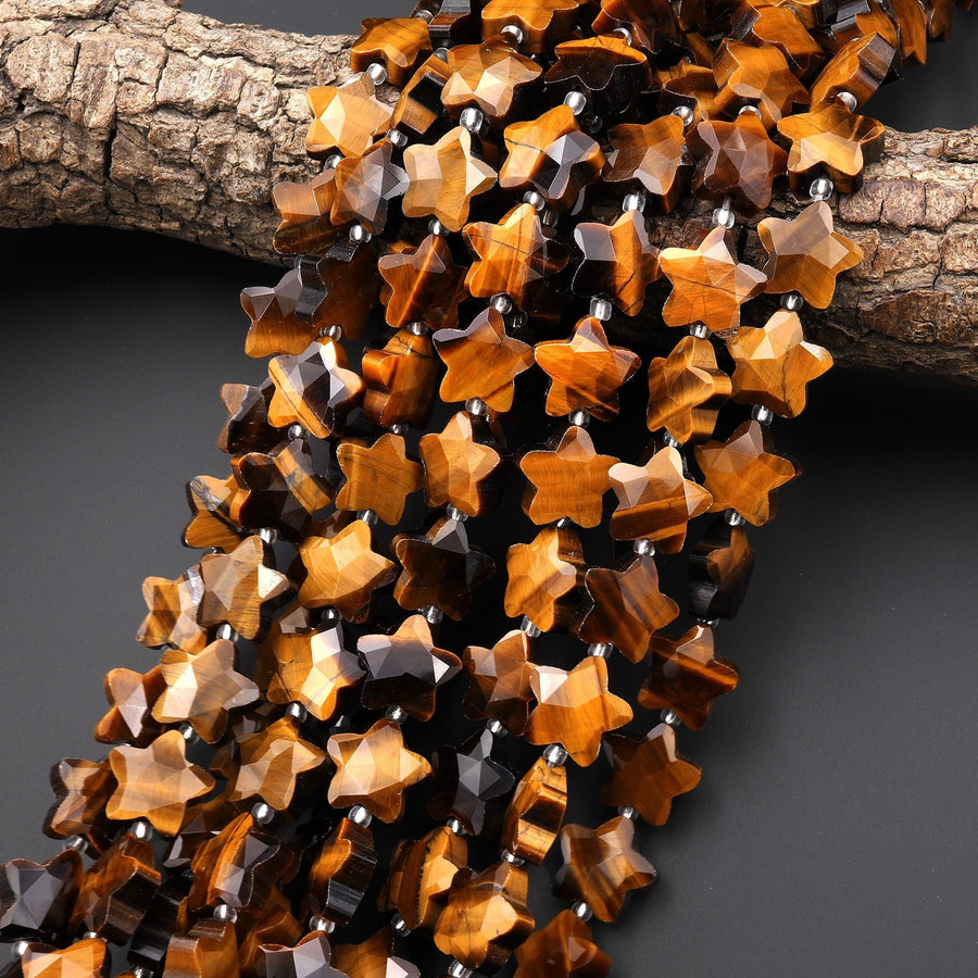 Sparkling Faceted Natural Tiger's Eye Beads 10mm 14mm Carved Star Gemstone 15" Strand
