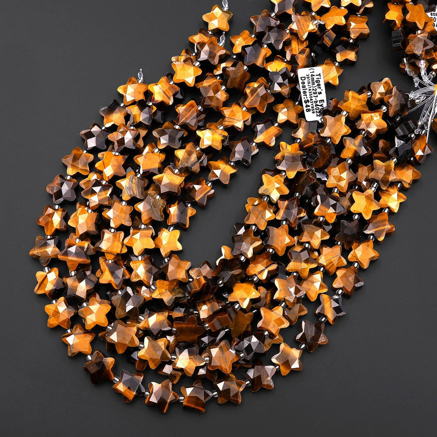 Sparkling Faceted Natural Tiger's Eye Beads 10mm 14mm Carved Star Gemstone 15" Strand