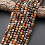 AAA Faceted Natural Polychrome Landscape Ocean Jasper 7mm 8mm Cube Beads 15.5" Strand