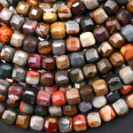 AAA Faceted Natural Polychrome Landscape Ocean Jasper 7mm 8mm Cube Beads 15.5" Strand