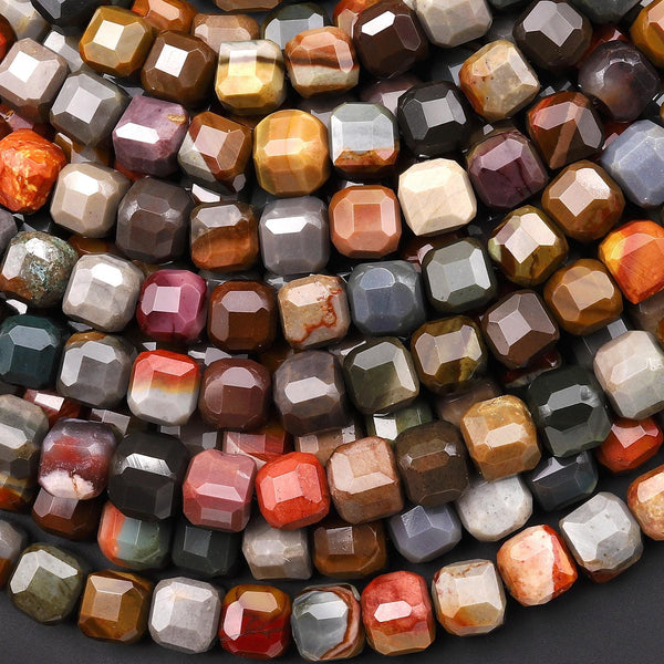 AAA Faceted Natural Polychrome Landscape Ocean Jasper 7mm 8mm Cube Beads 15.5" Strand