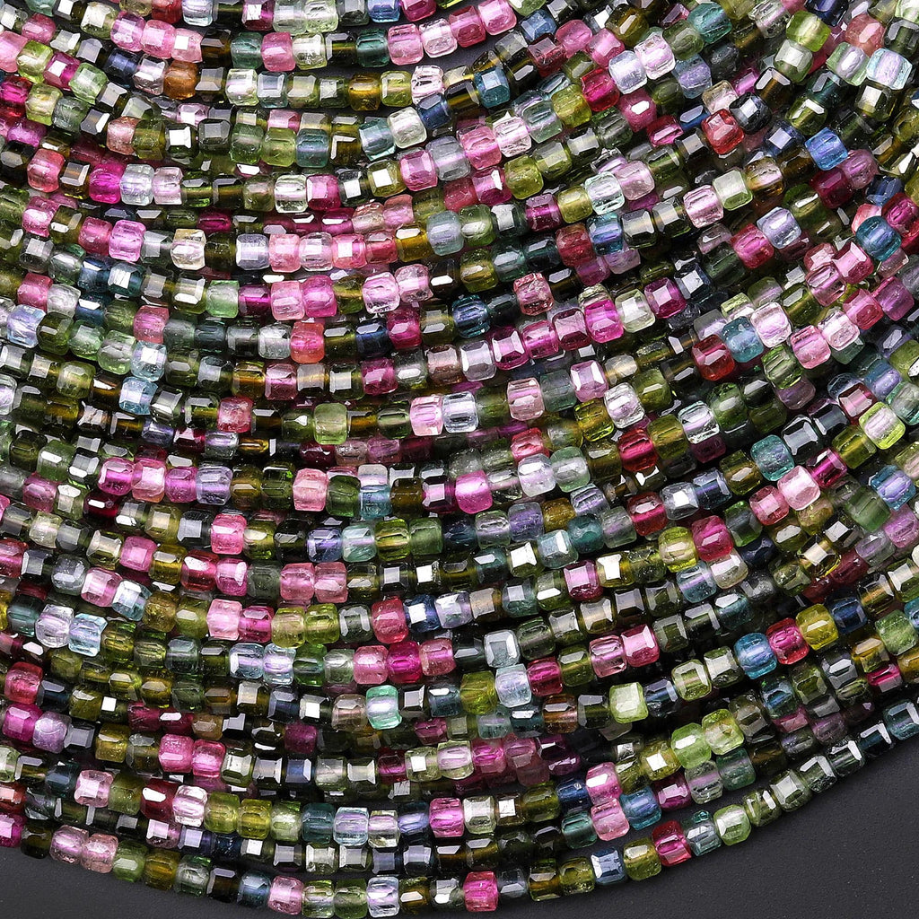 AAA Translucent Natural Tourmaline Faceted 2mm Fuchsia Pink Green Cube Beads Gemstone 15.5" Strand