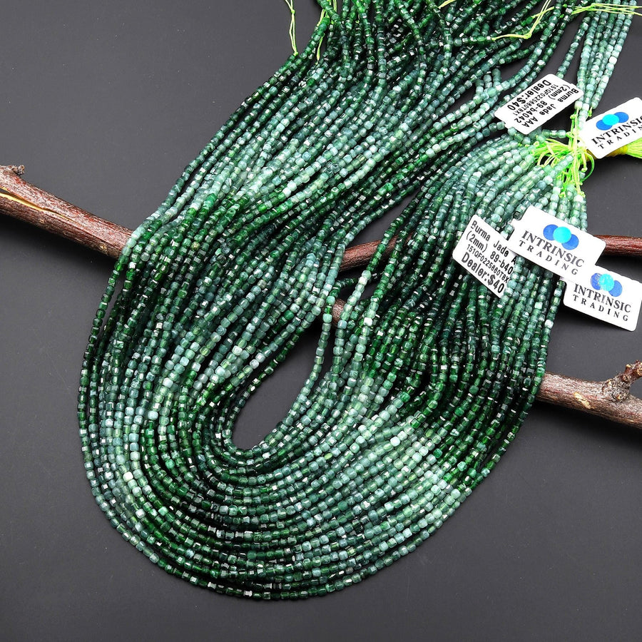 AAA Faceted Natural Green Burma Jade 2mm Cube Beads Ombre Gemstone 15.5" Strand