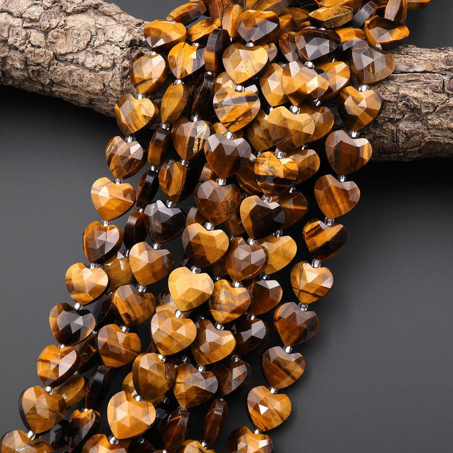 AAA Natural Tiger's Eye Faceted Heart Beads 14mm Golden Chatoyant Gemstone 15" Strand