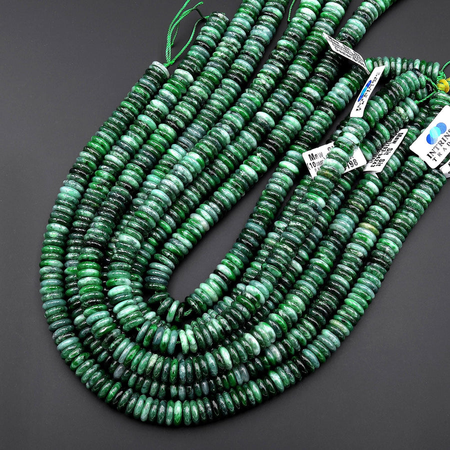 AAA Rare Natural Burma Maw Sit Sit Jade Smooth Thin Heishi 10mm Beads 15.5" Strand