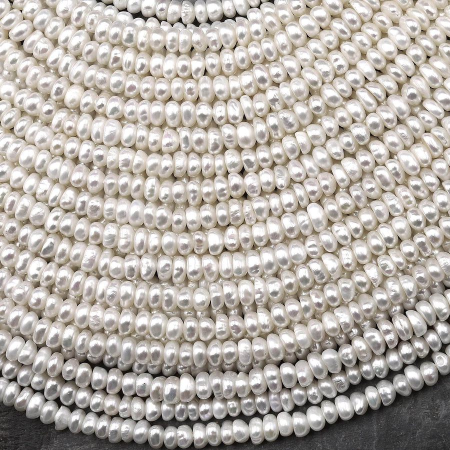 Genuine White Freshwater Pearl 4mm Center Drilled Rondelle Beads Shimmery Iridescent Classic Pearl 15.5" Strand