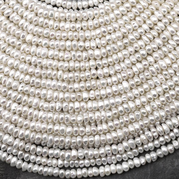 Genuine White Freshwater Pearl 4mm Center Drilled Rondelle Beads Shimmery Iridescent Classic Pearl 15.5" Strand