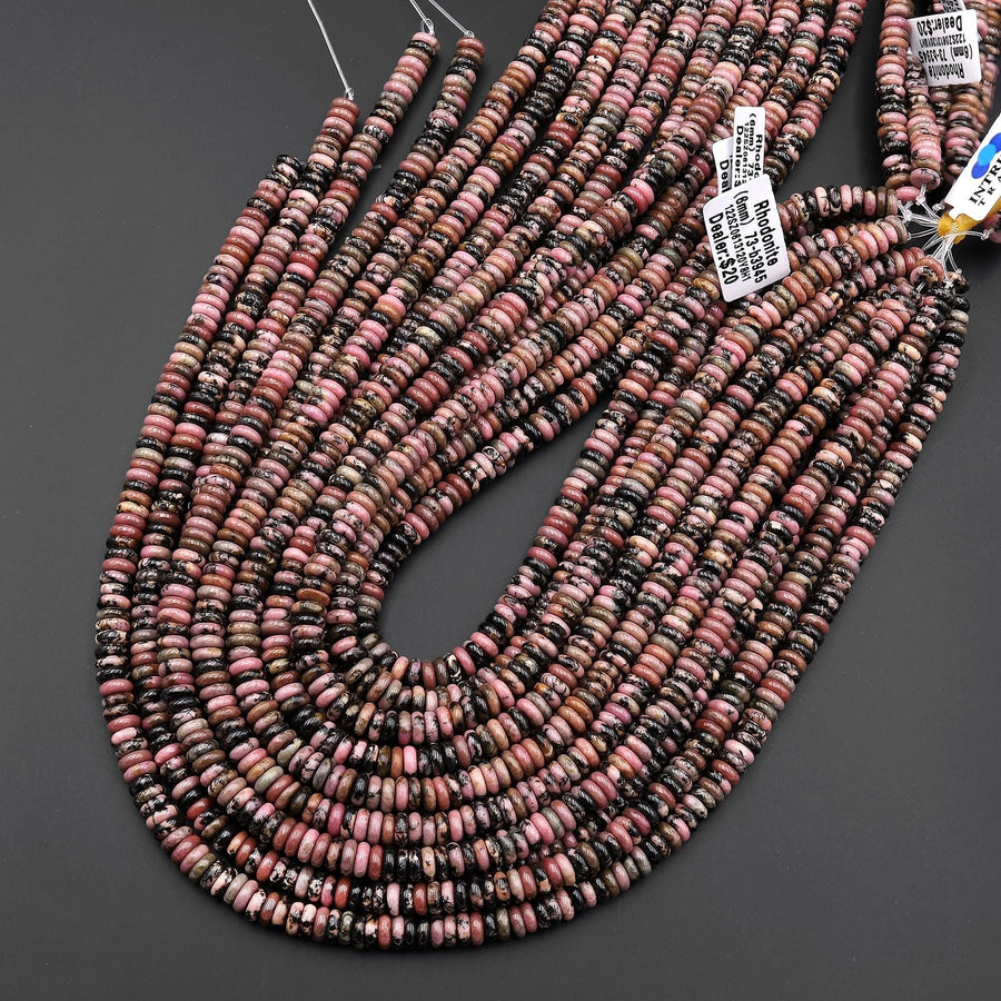 AAA Natural Pink Rhodonite Beads 6mm Smooth Thin Rondelle Gemstone 15.5" Strand