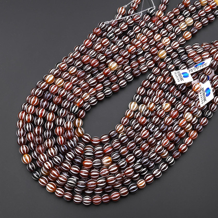 Tibetan Agate 8mm 10mm Round Beads Red Dzi Agate Wavy Etched Line Melon Pumpkin Mala Antique Boho Beads 15.5" Strand