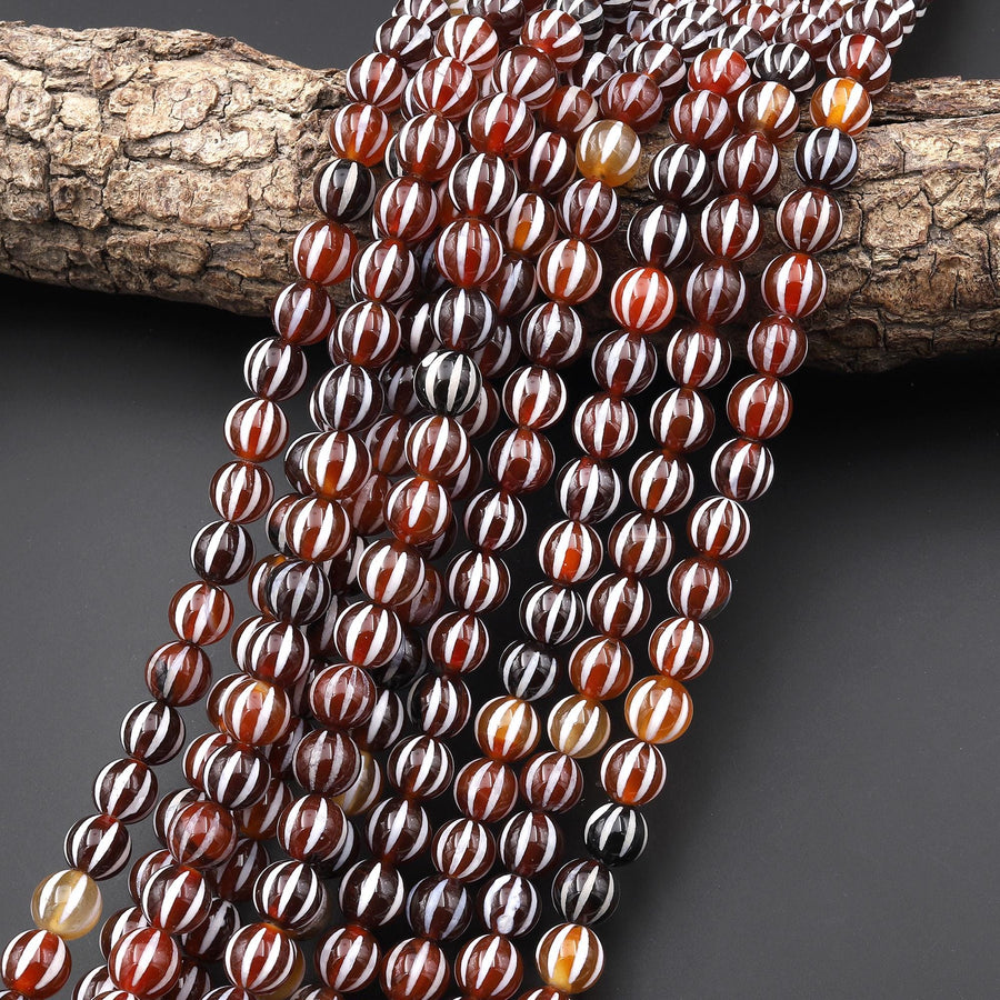 Tibetan Agate 8mm 10mm Round Beads Red Dzi Agate Wavy Etched Line Melon Pumpkin Mala Antique Boho Beads 15.5" Strand