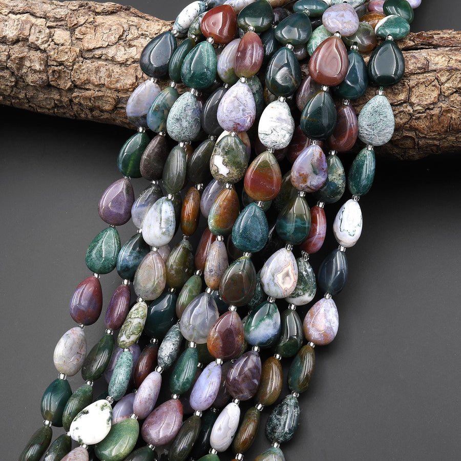 Natural Indian Agate Smooth Teardrop Beads Vertically Drilled Aka Green Red Bloodstone 15" Strand
