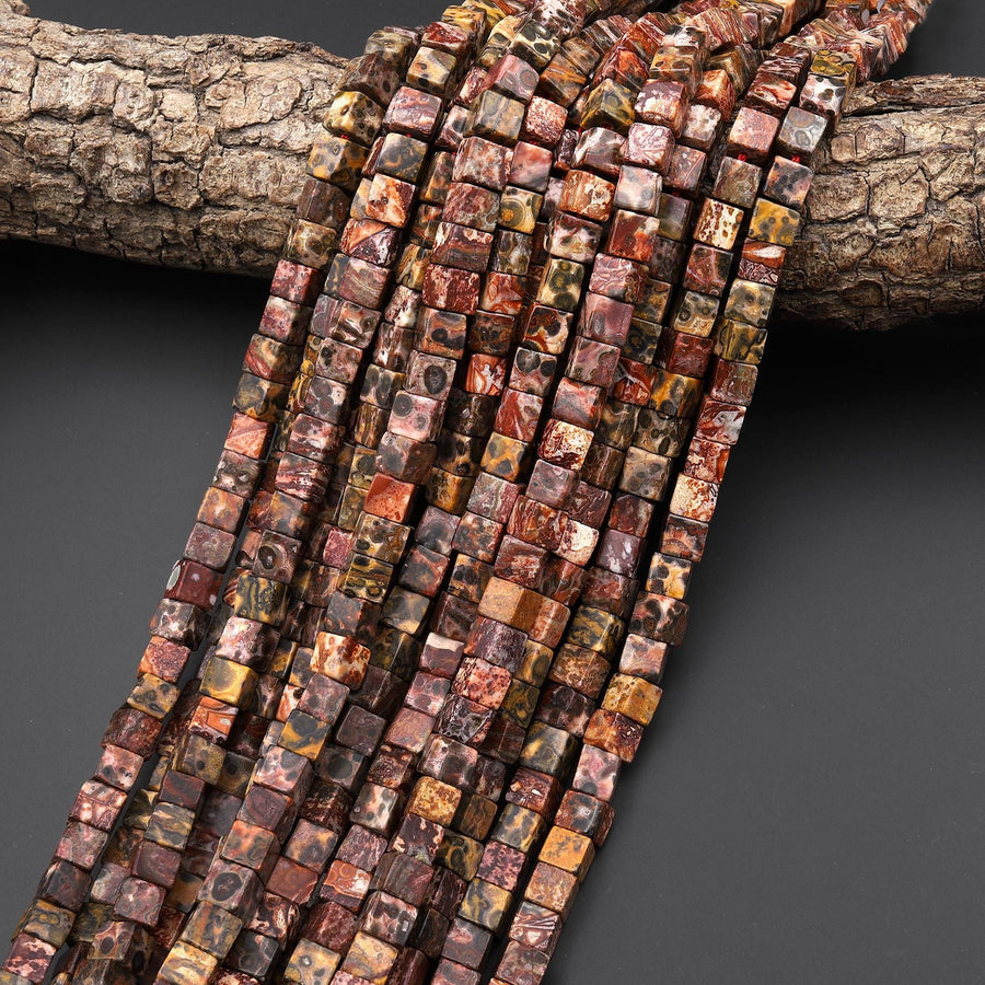 Natural Leopard Skin Jasper Smooth 4mm 6mm Cube Dice Beads 15.5" Strand