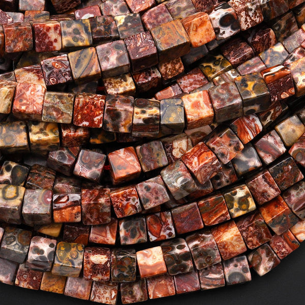 Natural Leopard Skin Jasper Smooth 4mm 6mm Cube Dice Beads 15.5" Strand