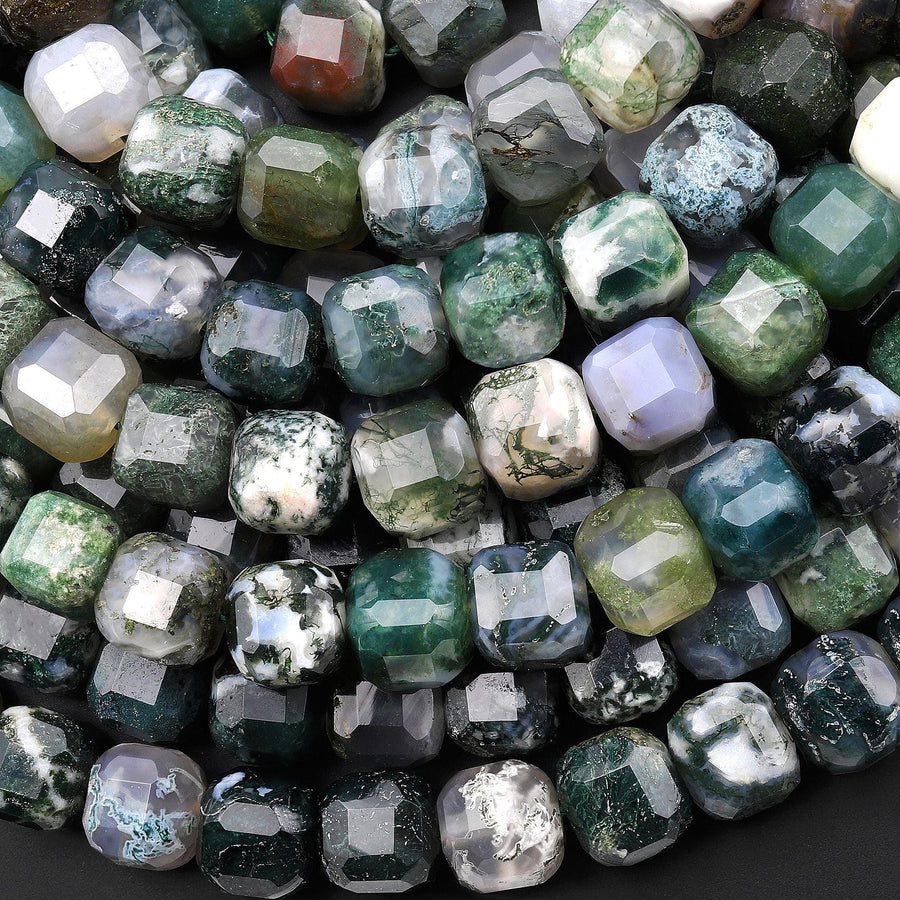 AAA Faceted Natural Green Moss Agate 8mm Cube Beads 15.5" Strand