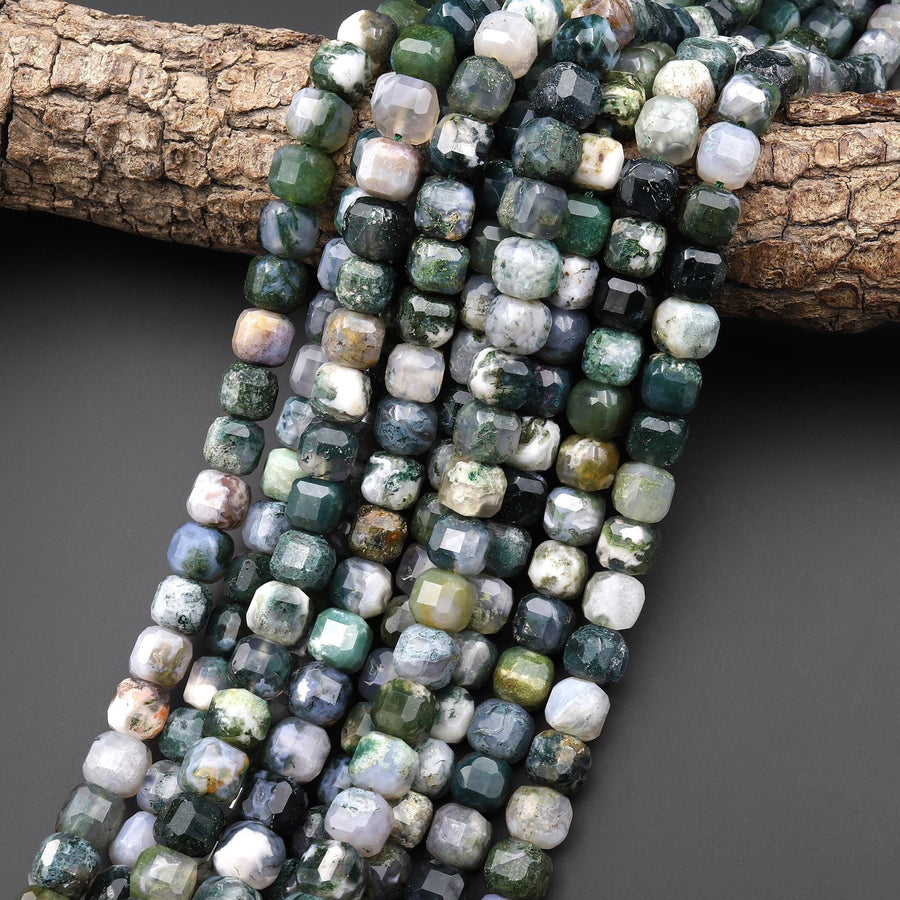 AAA Faceted Natural Green Moss Agate 8mm Cube Beads 15.5" Strand