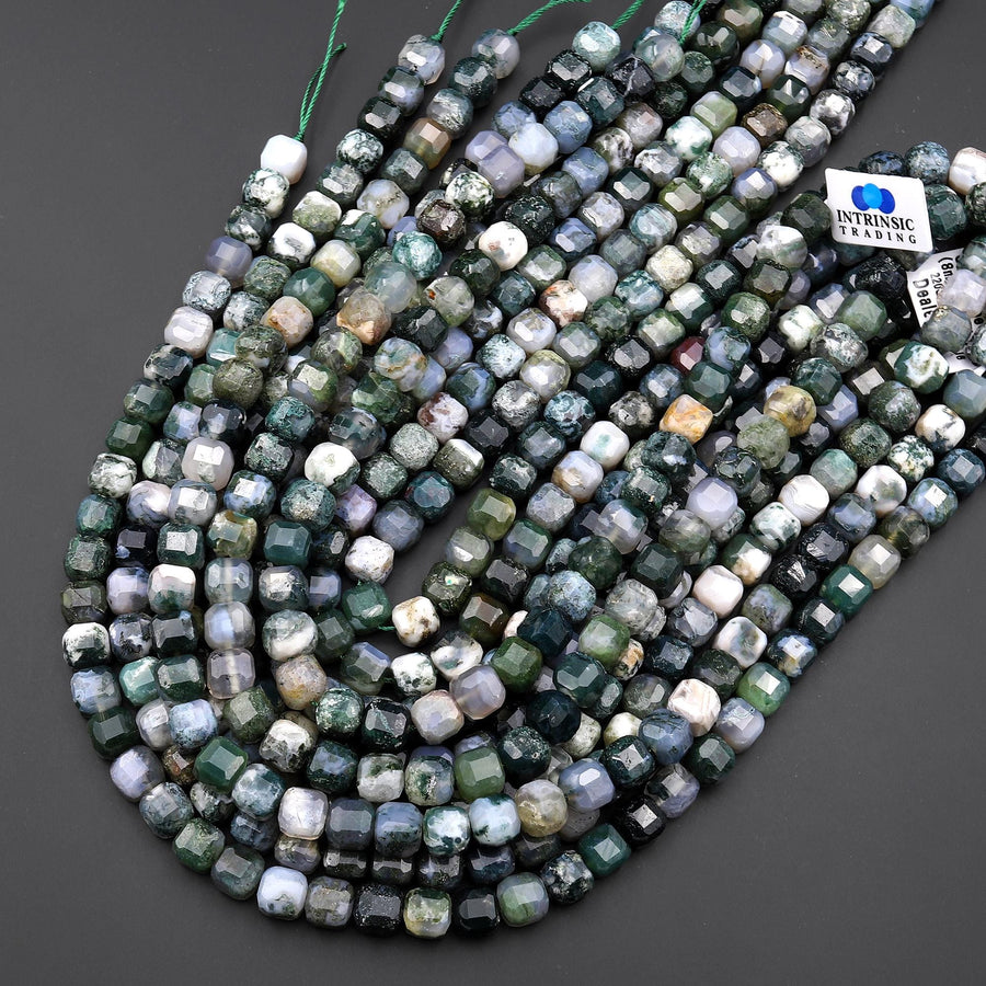 AAA Faceted Natural Green Moss Agate 8mm Cube Beads 15.5" Strand