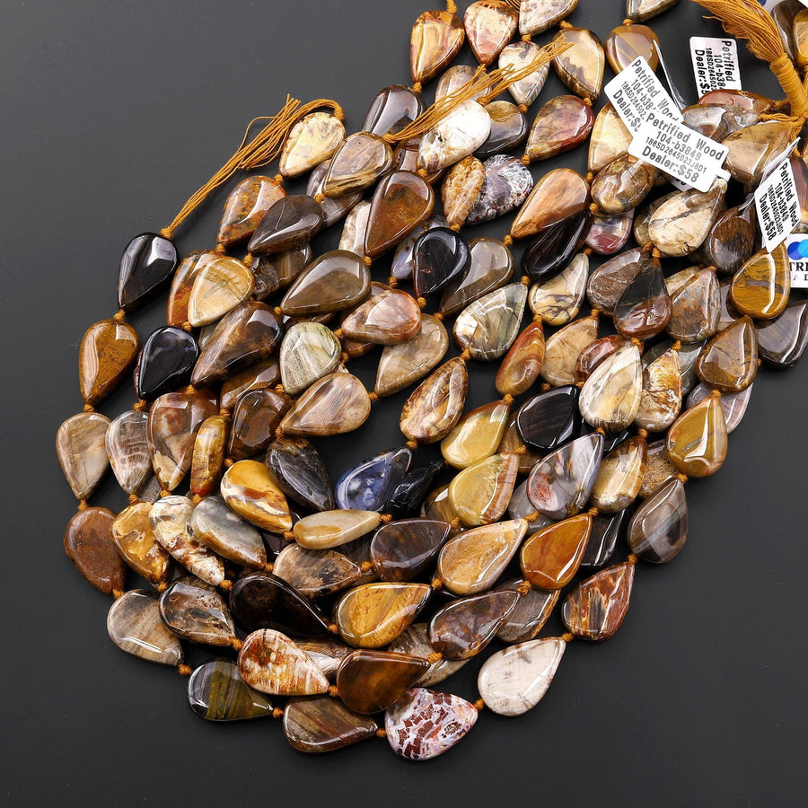AAA Vertically Drilled Natural Petrified Wood Smooth Teardrop Beads 15.5" Strand