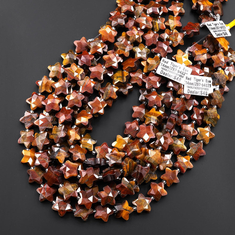 Sparkling Faceted Natural Red Tiger's Eye Beads 14mm Carved Star Gemstone 15" Strand