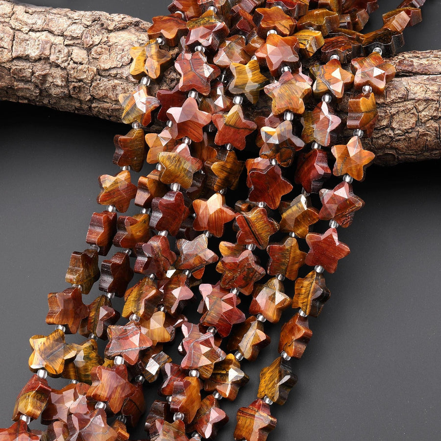 Sparkling Faceted Natural Red Tiger's Eye Beads 14mm Carved Star Gemstone 15" Strand