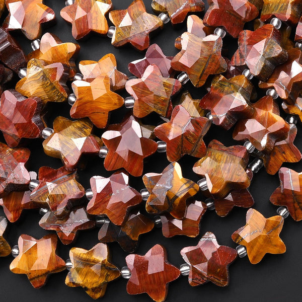Sparkling Faceted Natural Red Tiger's Eye Beads 14mm Carved Star Gemstone 15" Strand