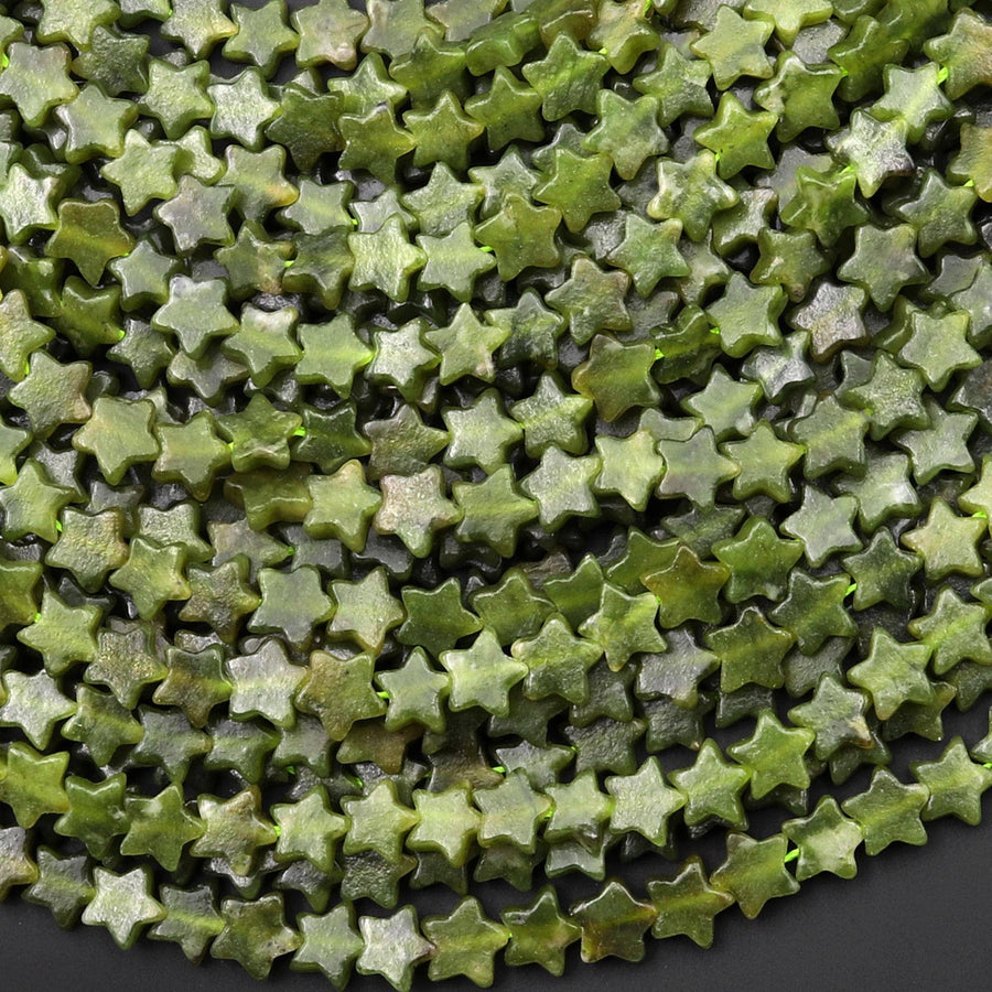 Natural Green Serpentine Jade Star Beads 6mm Carved Gemstone 15.5" Strand