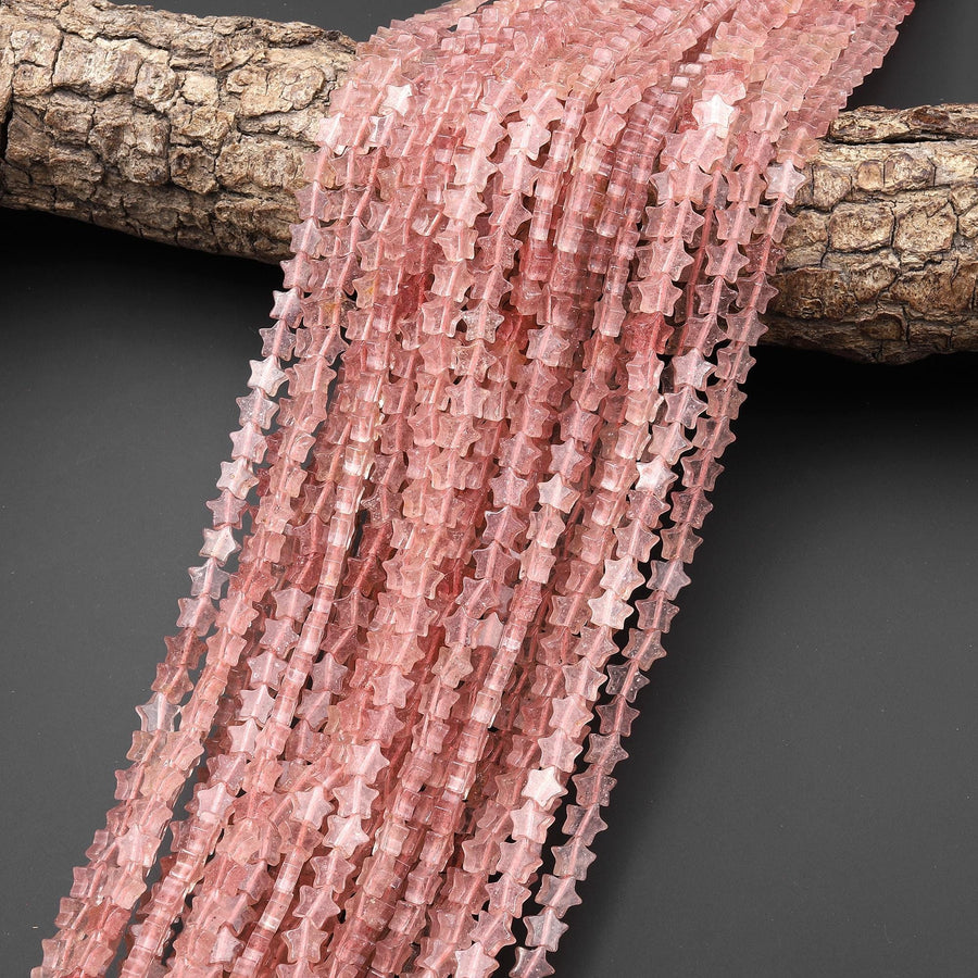 Natural Pink Strawberry Quartz Star Beads 6mm Carved Gemstone 15.5" Strand