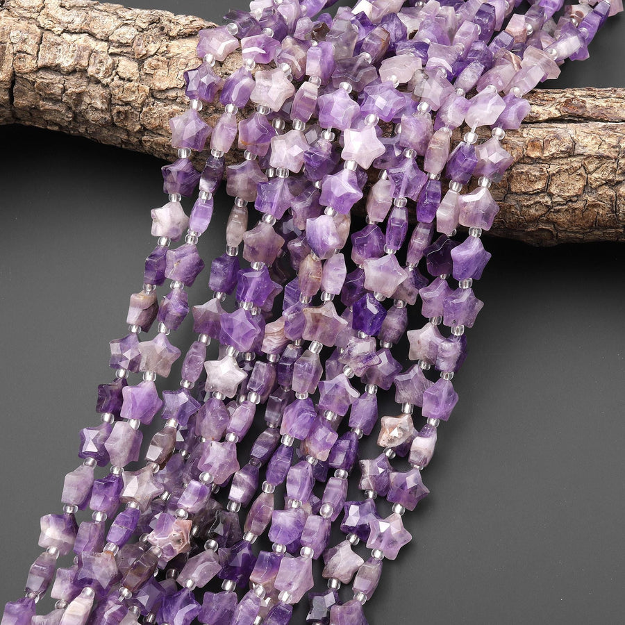 Sparkling Faceted Natural Lilac Purple Amethyst Beads 10mm Carved Star Gemstone 15.5" Strand
