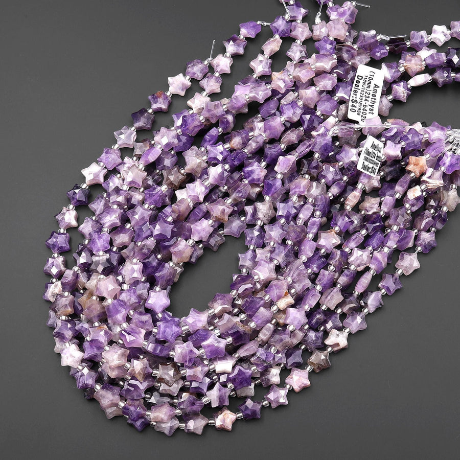 Sparkling Faceted Natural Lilac Purple Amethyst Beads 10mm Carved Star Gemstone 15.5" Strand