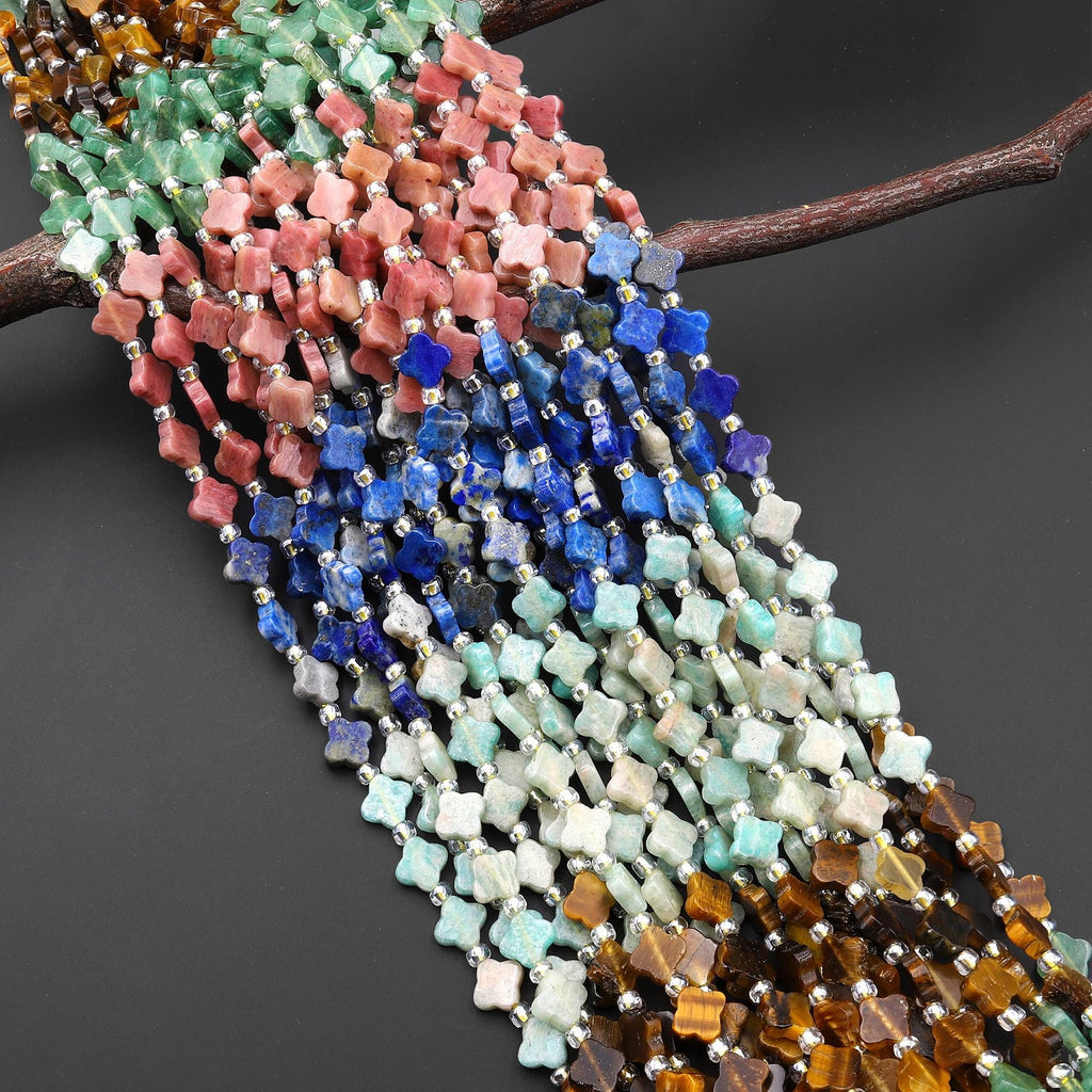 4 Four Leaf Clover Mixed Natural Gemstone Beads Natural Amazonite Tiger's Eye Aventurine Petrified Rhodonite Lapis 7mm 8mm 15.5" Strand