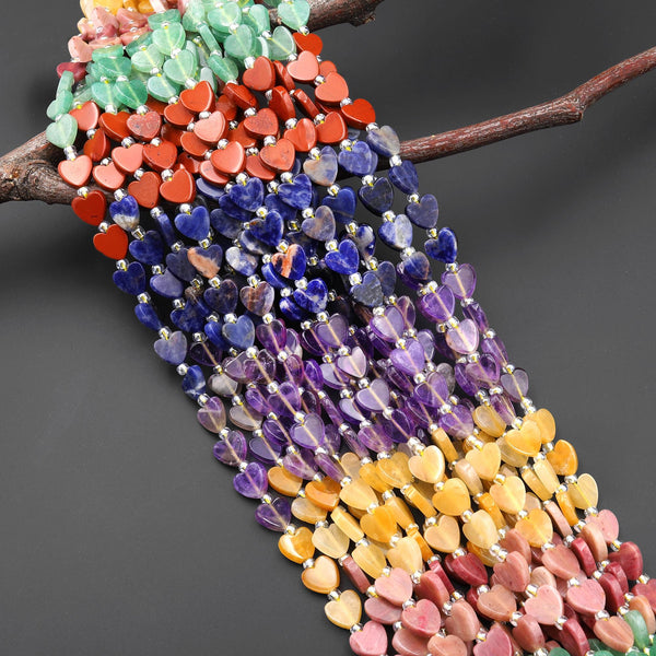 Natural Gemstone Smooth Flat Heart 8mm Beads Yellow Jade Petrified Rhodonite Aventurine Red Jasper Orange Sodalite Amethyst 15.5" Strand