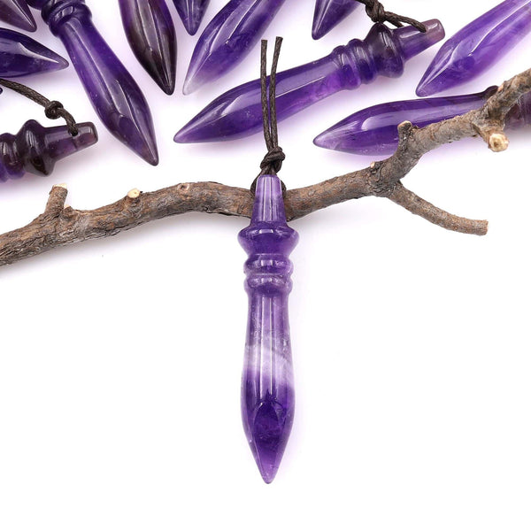 Natural Purple Amethyst Carved Wand Ritual Dagger Pendant Drilled Crystal Gemstone Bead Pendulum A2
