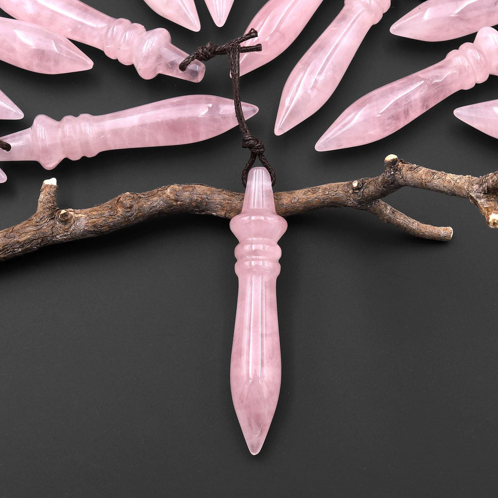 Natural Pink Rose Quartz Carved Wand Ritual Dagger Pendant Drilled Crystal Gemstone Bead Pendulum A1