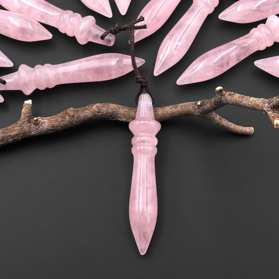 Natural Pink Rose Quartz Carved Wand Ritual Dagger Pendant Drilled Crystal Gemstone Bead Pendulum