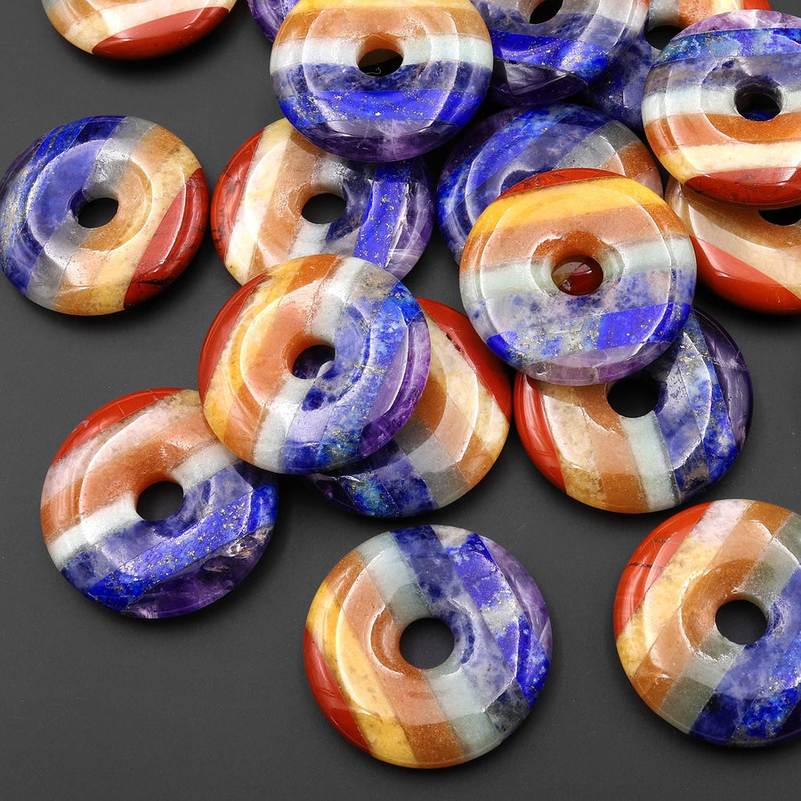 Rainbow 7 Chakra Natural Gemstone Crystal Donut Pendant 30mm 40mm