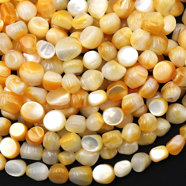 Natural Golden Mother of Pearl Freeform Smooth Rounded Nugget Beads Iridescent Shell 15.5" Strand
