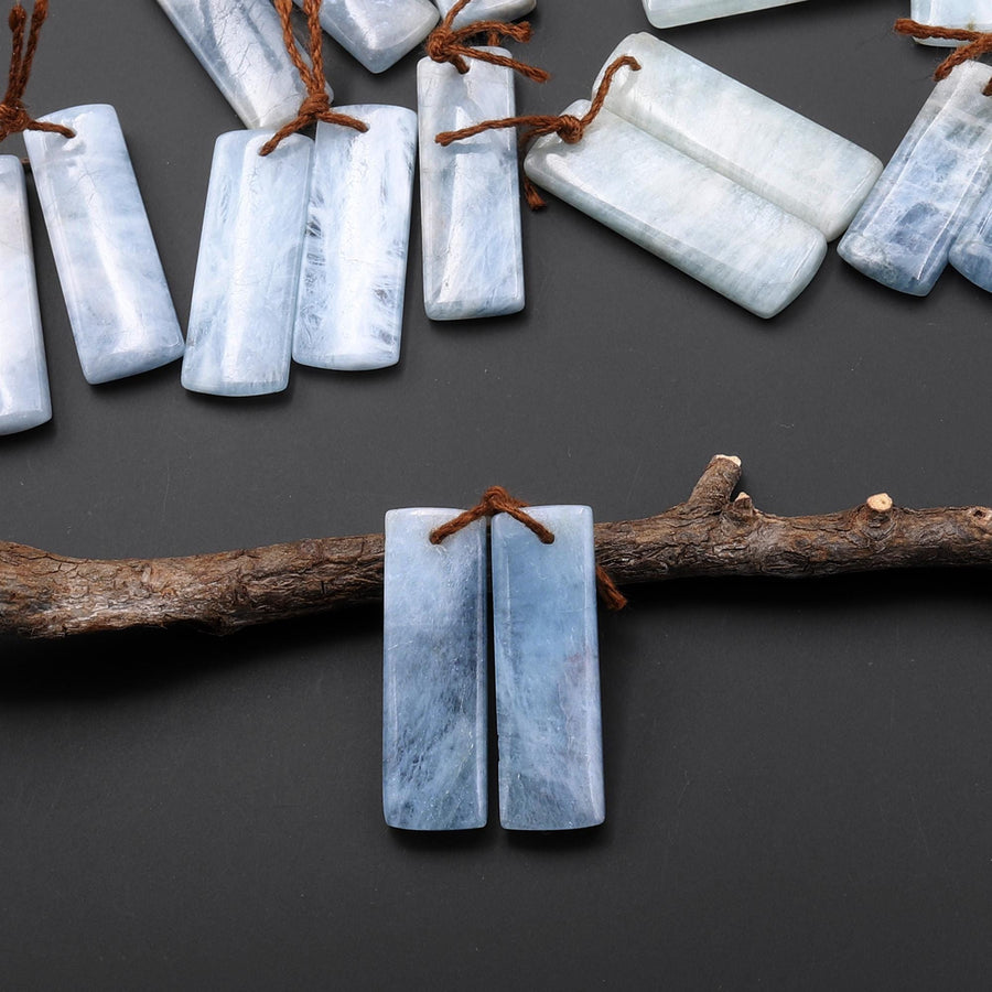 Genuine Natural Blue Aquamarine Earring Rectangle Pair Drilled Matched Gemstone Beads