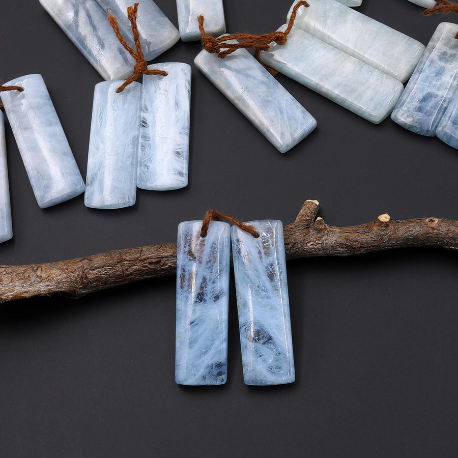 Genuine Natural Blue Aquamarine Earring Rectangle Pair Drilled Matched Gemstone Beads A1