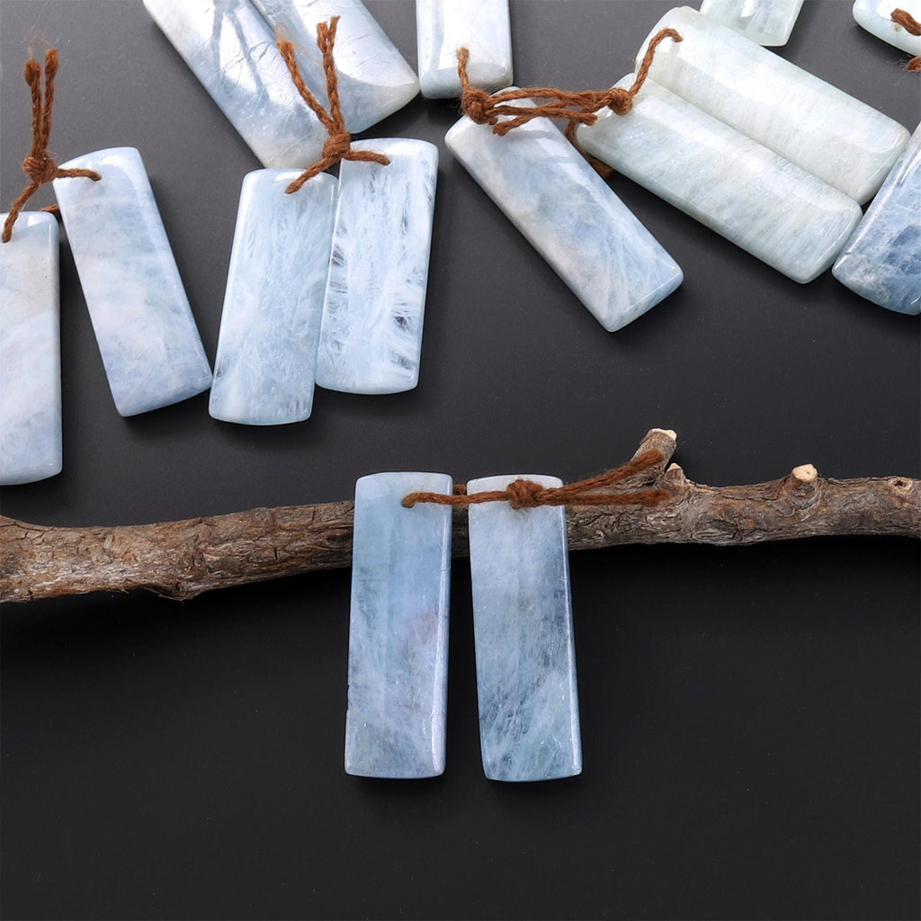 Genuine Natural Blue Aquamarine Earring Rectangle Pair Drilled Matched Gemstone Beads A2